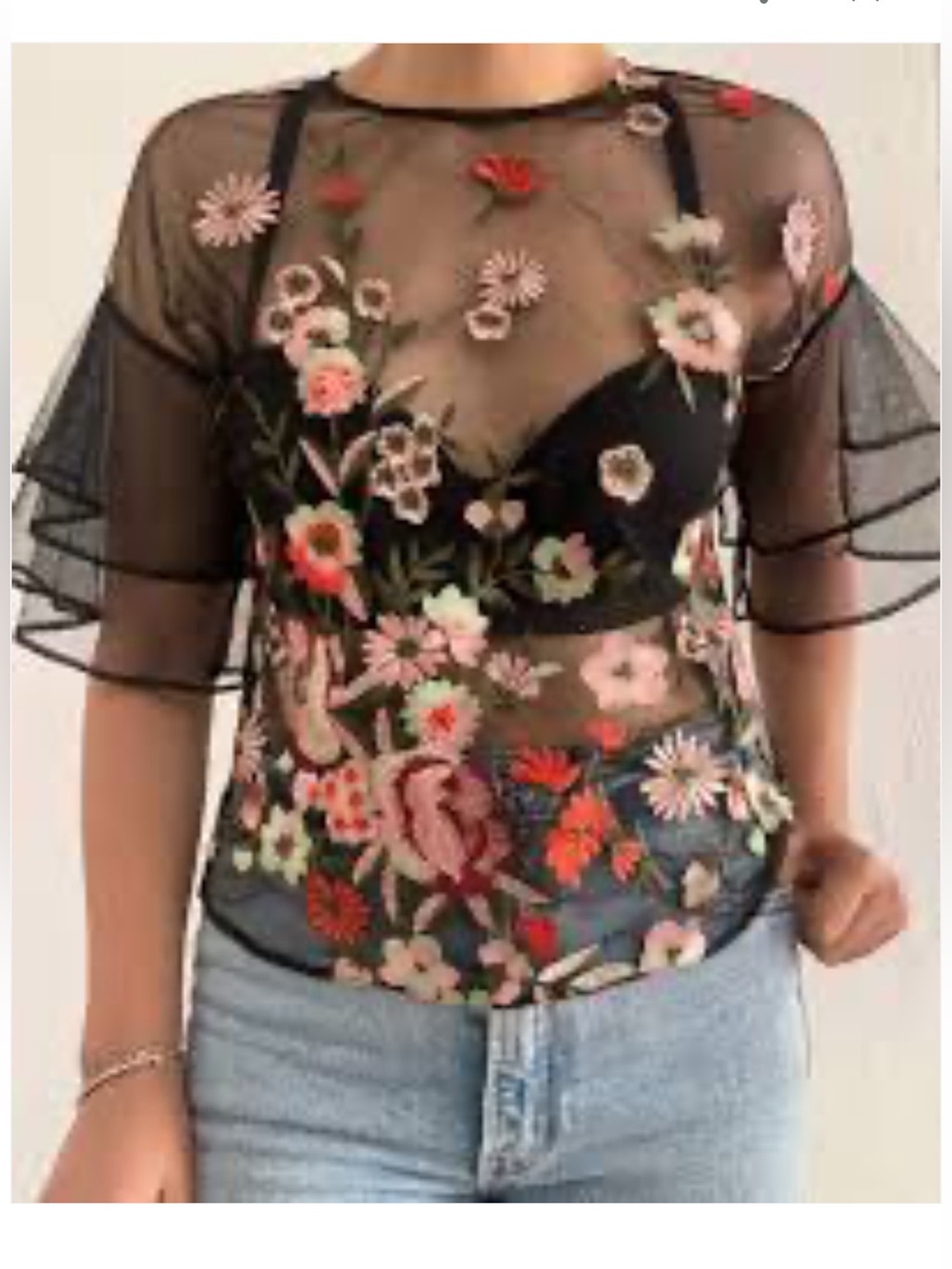 Haute Monde Black Sheer Mesh Top with Embroidered Floral Appliqué